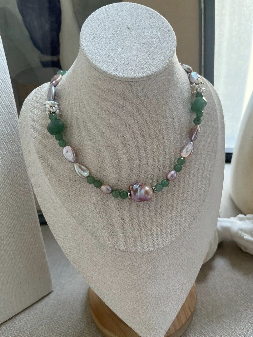 #PN1122 [Floral Series] Freshwater Pearl Necklace & Bracelet Set| Aventurine Tower| Mermaid Teardrop Baroque| Middle Sized Fishtail Baroque 17mm| White Chunky Petals|43cm|The Wonderland of Green 💚