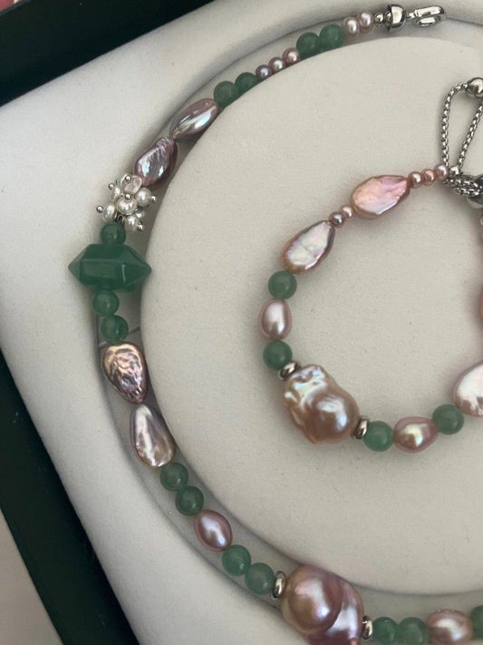 #PN1122 [Floral Series] Freshwater Pearl Necklace & Bracelet Set| Aventurine Tower| Mermaid Teardrop Baroque| Middle Sized Fishtail Baroque 17mm| White Chunky Petals|43cm|The Wonderland of Green 💚