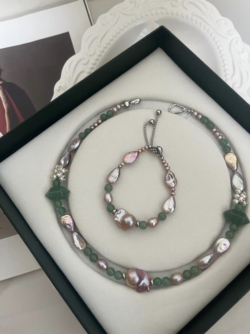 #PN1122 [Floral Series] Freshwater Pearl Necklace & Bracelet Set| Aventurine Tower| Mermaid Teardrop Baroque| Middle Sized Fishtail Baroque 17mm| White Chunky Petals|43cm|The Wonderland of Green 💚