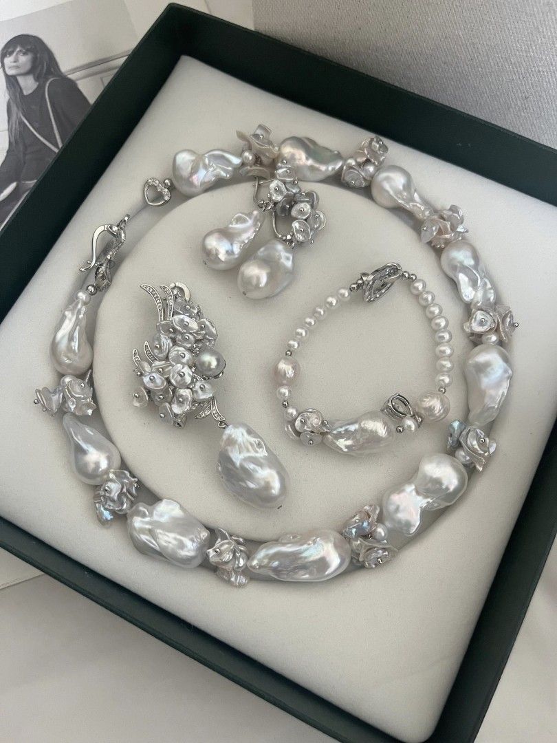 #PN1125 [Floral Series][Moonlight Sonata] Freshwater Pearl Necklace & Bracelet & Earrings & Brooch Set|25mm-30mm Big Fishtail Baroque Pearl| Japan Madama Pearl| Silver Blue Lustre| Rare| Smooth| Selected Petals| Top Luxury| One of A Kind|Connect to Wear