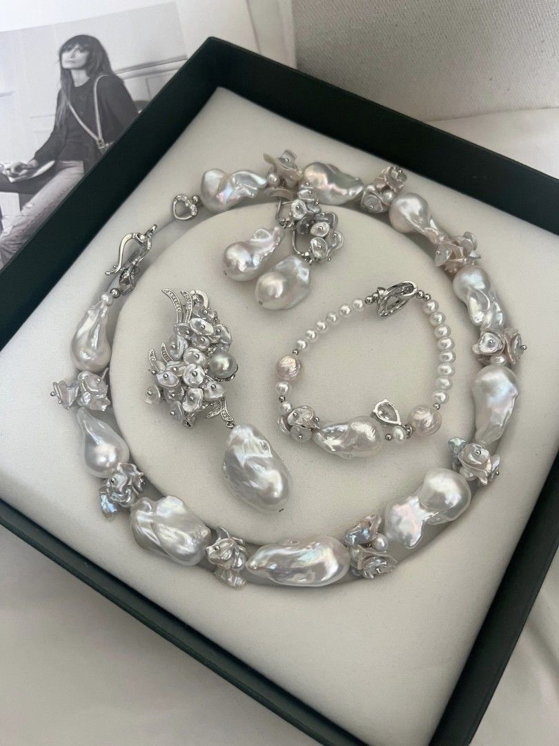 #PN1125 [Floral Series][Moonlight Sonata] Freshwater Pearl Necklace & Bracelet & Earrings & Brooch Set|25mm-30mm Big Fishtail Baroque Pearl| Japan Madama Pearl| Silver Blue Lustre| Rare| Smooth| Selected Petals| Top Luxury| One of A Kind|Connect to Wear