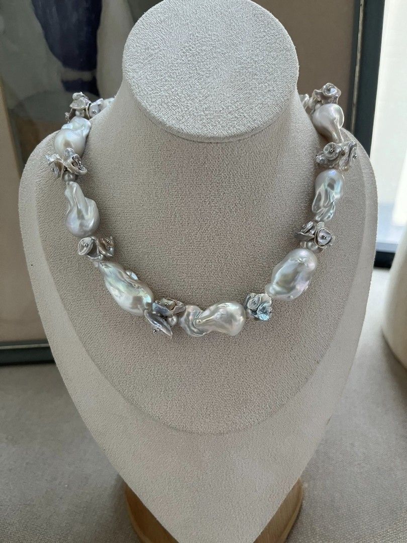 #PN1125 [Floral Series][Moonlight Sonata] Freshwater Pearl Necklace & Bracelet & Earrings & Brooch Set|25mm-30mm Big Fishtail Baroque Pearl| Japan Madama Pearl| Silver Blue Lustre| Rare| Smooth| Selected Petals| Top Luxury| One of A Kind|Connect to Wear