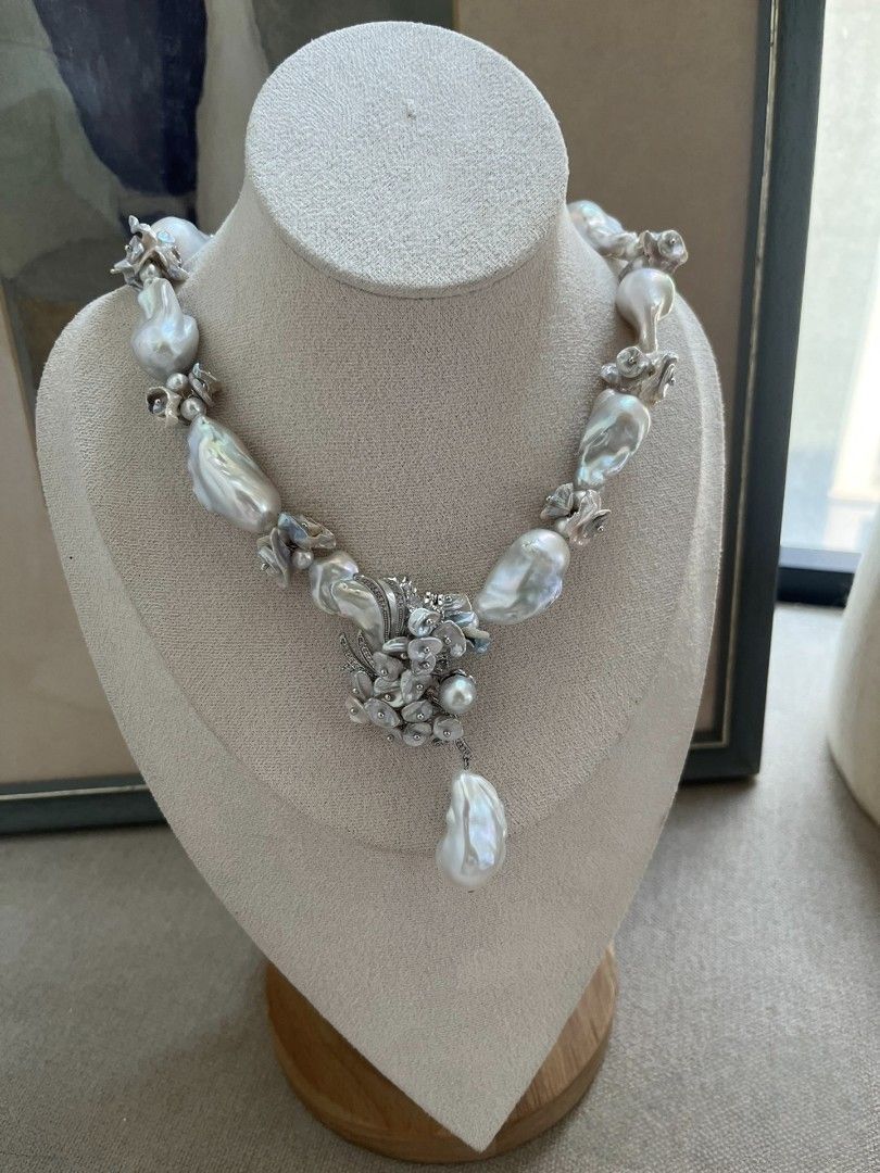 #PN1125 [Floral Series][Moonlight Sonata] Freshwater Pearl Necklace & Bracelet & Earrings & Brooch Set|25mm-30mm Big Fishtail Baroque Pearl| Japan Madama Pearl| Silver Blue Lustre| Rare| Smooth| Selected Petals| Top Luxury| One of A Kind|Connect to Wear