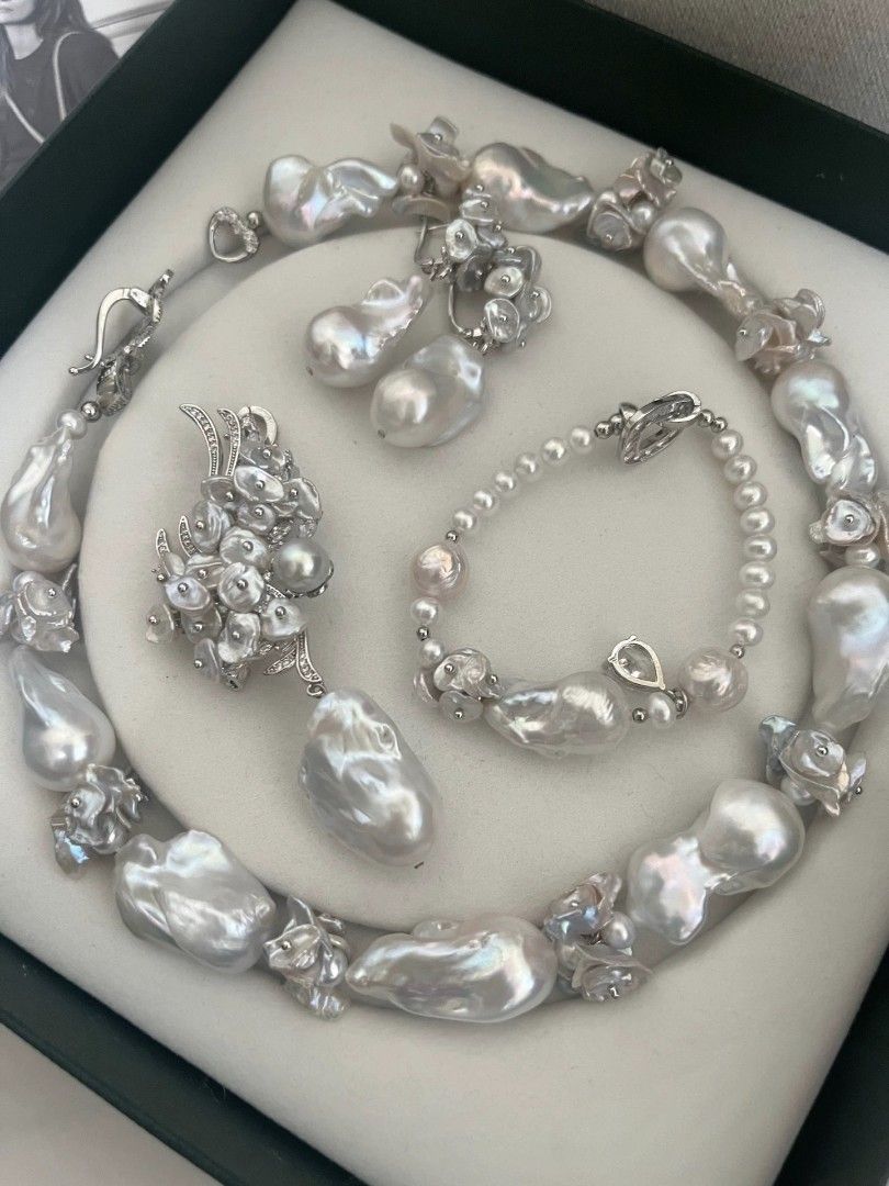 #PN1125 [Floral Series][Moonlight Sonata] Freshwater Pearl Necklace & Bracelet & Earrings & Brooch Set|25mm-30mm Big Fishtail Baroque Pearl| Japan Madama Pearl| Silver Blue Lustre| Rare| Smooth| Selected Petals| Top Luxury| One of A Kind|Connect to Wear
