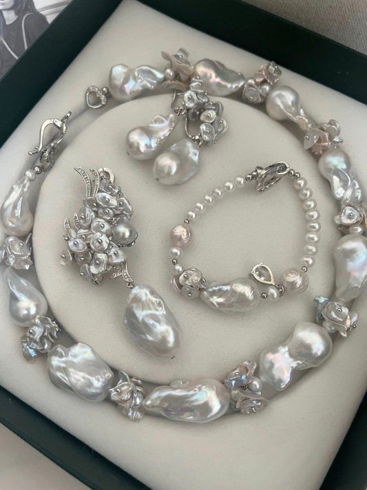 #PN1125 [Floral Series][Moonlight Sonata] Freshwater Pearl Necklace & Bracelet & Earrings & Brooch Set|25mm-30mm Big Fishtail Baroque Pearl| Japan Madama Pearl| Silver Blue Lustre| Rare| Smooth| Selected Petals| Top Luxury| One of A Kind|Connect to Wear