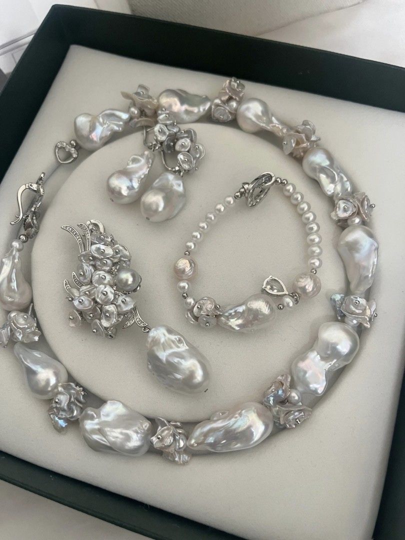 #PN1125 [Floral Series][Moonlight Sonata] Freshwater Pearl Necklace & Bracelet & Earrings & Brooch Set|25mm-30mm Big Fishtail Baroque Pearl| Japan Madama Pearl| Silver Blue Lustre| Rare| Smooth| Selected Petals| Top Luxury| One of A Kind|Connect to Wear