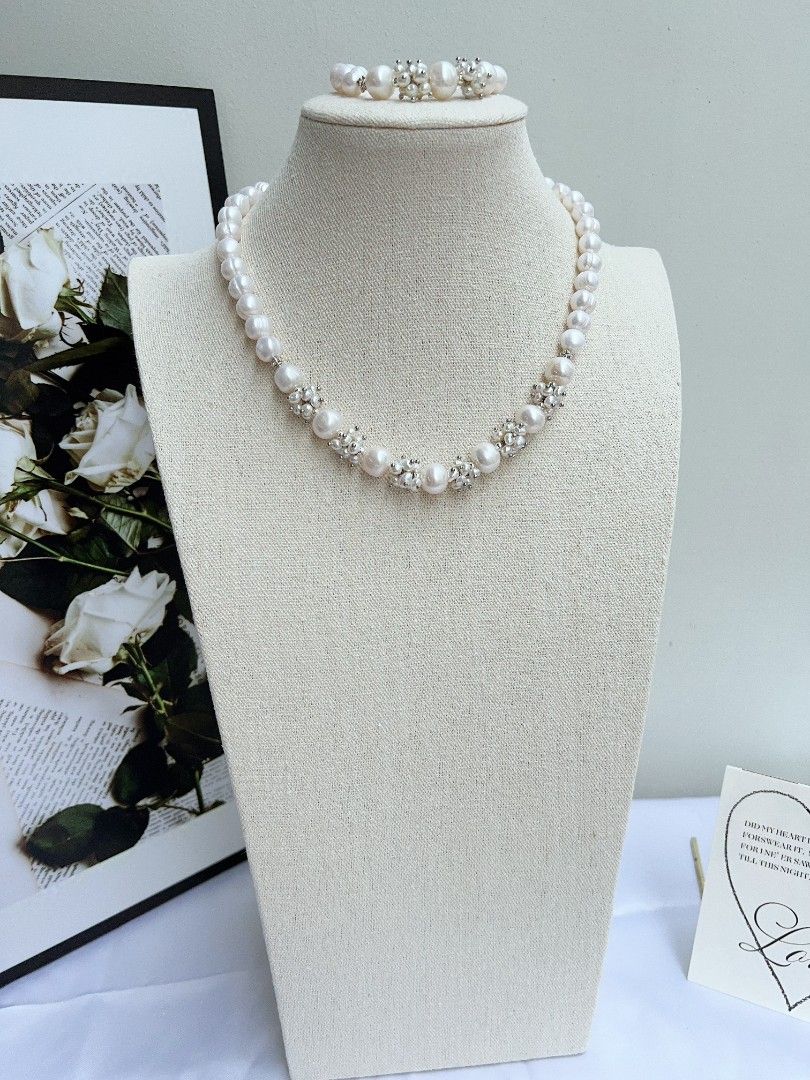#PN1152 [Floral Series] White Rose| Freshwater Pearl Necklace & Bracelet Set| 8-12mm Baroque Pearl with Growth Lines| 42cm|19cm| Anniversary Gift 💐