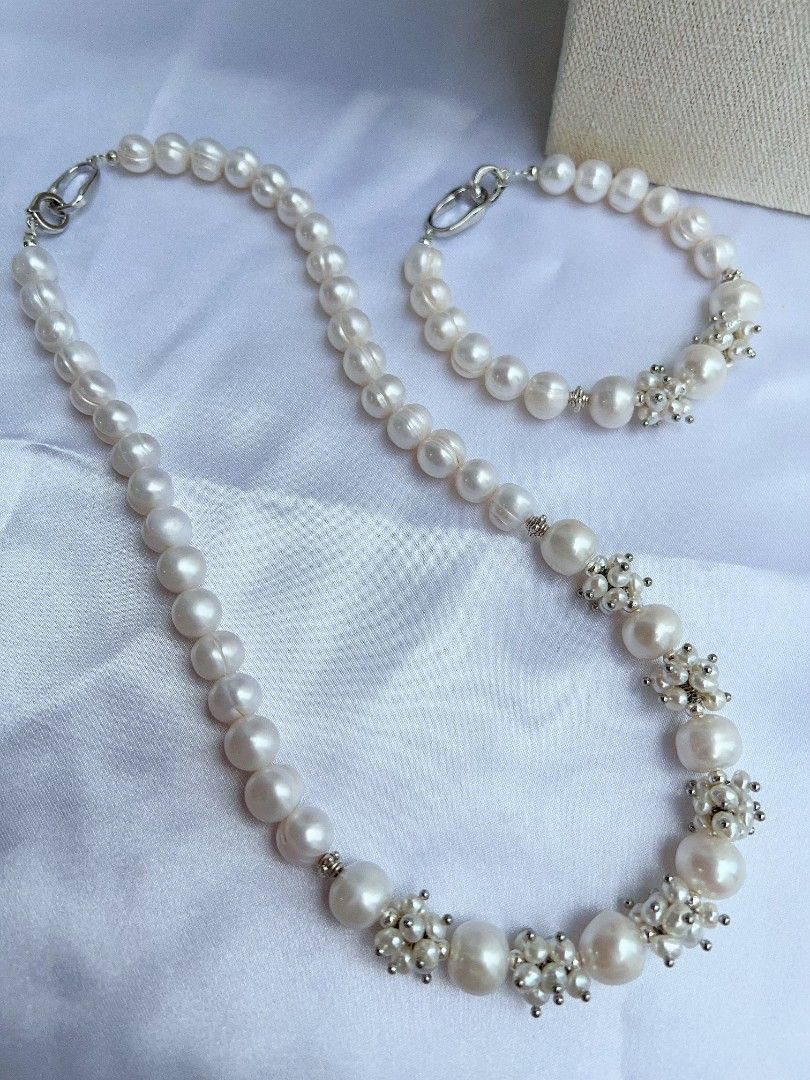 #PN1152 [Floral Series] White Rose| Freshwater Pearl Necklace & Bracelet Set| 8-12mm Baroque Pearl with Growth Lines| 42cm|19cm| Anniversary Gift 💐