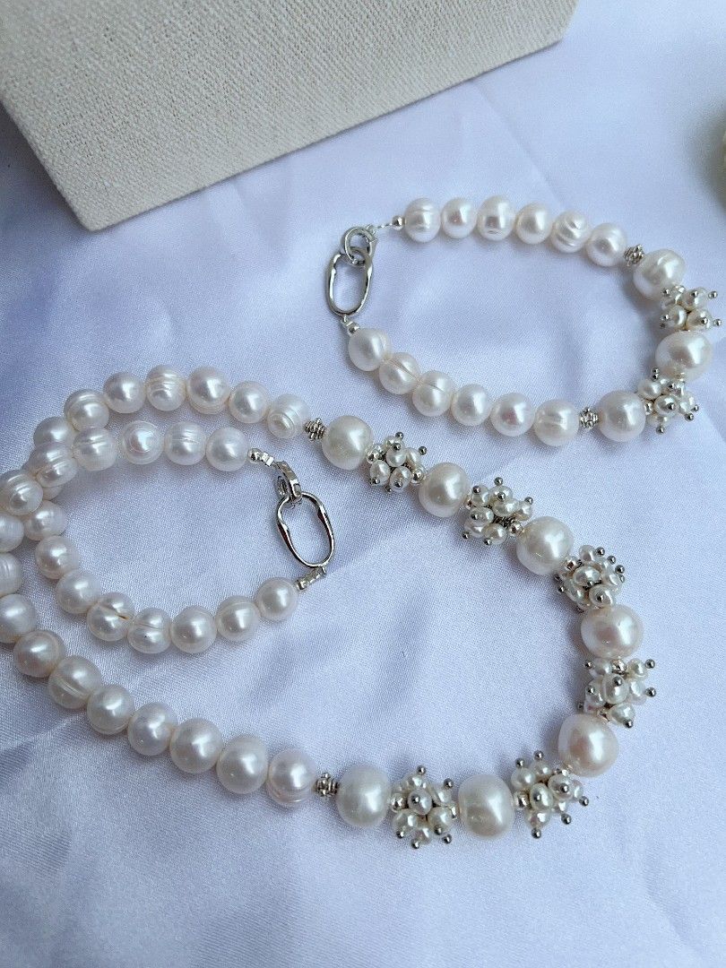 #PN1152 [Floral Series] White Rose| Freshwater Pearl Necklace & Bracelet Set| 8-12mm Baroque Pearl with Growth Lines| 42cm|19cm| Anniversary Gift 💐