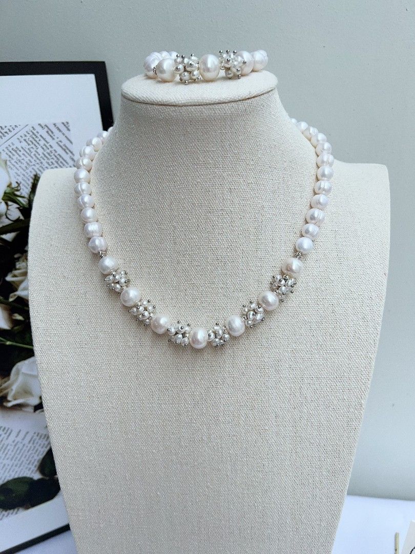#PN1152 [Floral Series] White Rose| Freshwater Pearl Necklace & Bracelet Set| 8-12mm Baroque Pearl with Growth Lines| 42cm|19cm| Anniversary Gift 💐