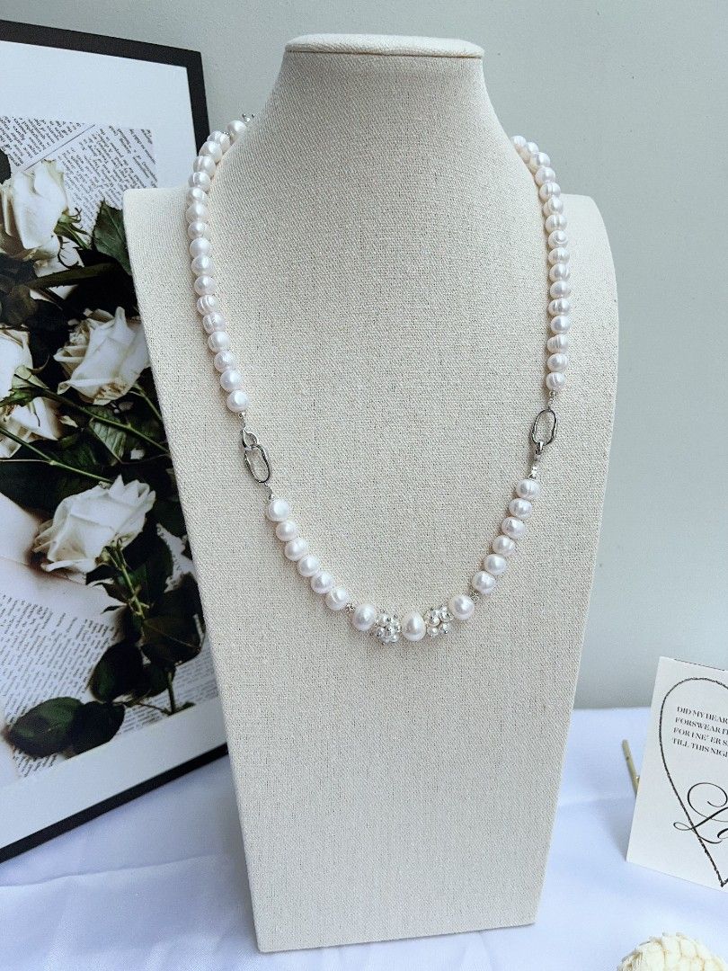 #PN1152 [Floral Series] White Rose| Freshwater Pearl Necklace & Bracelet Set| 8-12mm Baroque Pearl with Growth Lines| 42cm|19cm| Anniversary Gift 💐