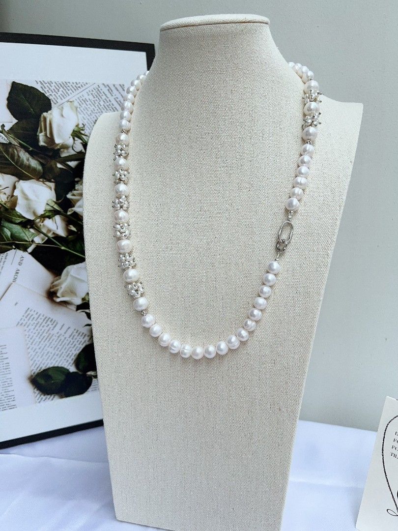#PN1152 [Floral Series] White Rose| Freshwater Pearl Necklace & Bracelet Set| 8-12mm Baroque Pearl with Growth Lines| 42cm|19cm| Anniversary Gift 💐