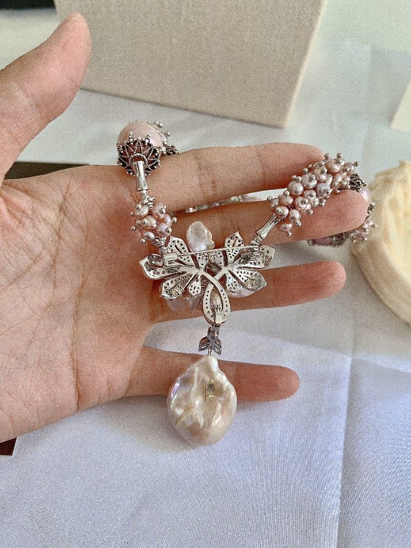 #PN1153 [Floral Series] Freshwater Pearl Necklace| 43cm| Heavy Craftsmanship| Detachable Pendant| Natural Flaws| 12-14mm Purple Round Baroque| 30mm Fishtail Baroque Pendant| Big Pearl Flower| Brooch Design Flower| Dare to Shine