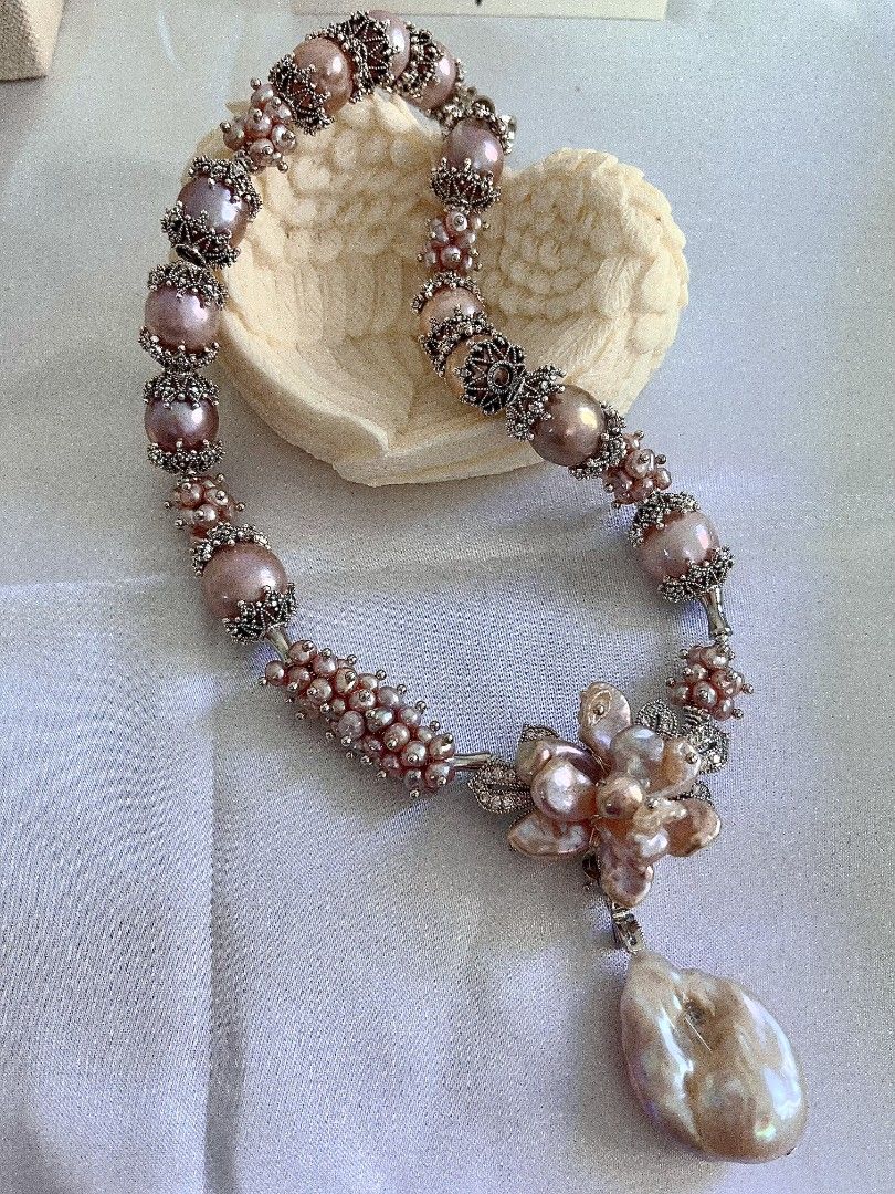 #PN1153 [Floral Series] Freshwater Pearl Necklace| 43cm| Heavy Craftsmanship| Detachable Pendant| Natural Flaws| 12-14mm Purple Round Baroque| 30mm Fishtail Baroque Pendant| Big Pearl Flower| Brooch Design Flower| Dare to Shine