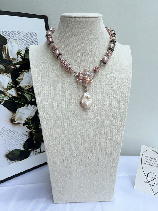 #PN1153 [Floral Series] Freshwater Pearl Necklace| 43cm| Heavy Craftsmanship| Detachable Pendant| Natural Flaws| 12-14mm Purple Round Baroque| 30mm Fishtail Baroque Pendant| Big Pearl Flower| Brooch Design Flower| Dare to Shine