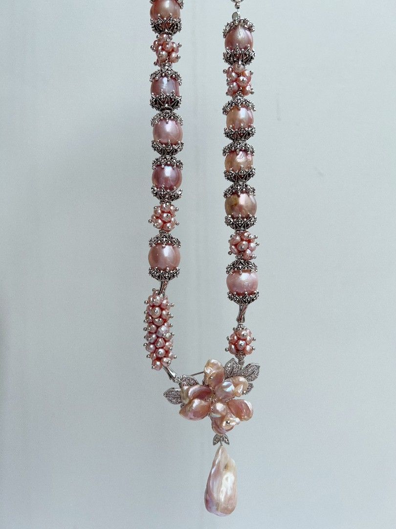 #PN1153 [Floral Series] Freshwater Pearl Necklace| 43cm| Heavy Craftsmanship| Detachable Pendant| Natural Flaws| 12-14mm Purple Round Baroque| 30mm Fishtail Baroque Pendant| Big Pearl Flower| Brooch Design Flower| Dare to Shine