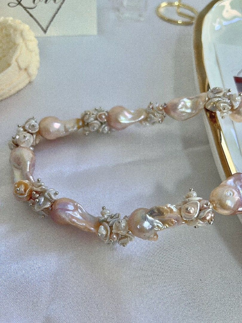 #PN1151 [Floral Series] Freshwater Pearl Necklace| 45cm| Monet Garden| Natural Flaws| Rare Golden Pink-purple Shade| Lustrous| 18-26mm Fishtail Baroque Pearl| 2-layer Petals| Old Money