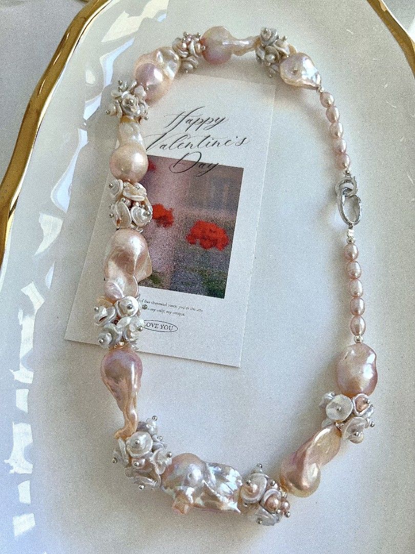 #PN1151 [Floral Series] Freshwater Pearl Necklace| 45cm| Monet Garden| Natural Flaws| Rare Golden Pink-purple Shade| Lustrous| 18-26mm Fishtail Baroque Pearl| 2-layer Petals| Old Money