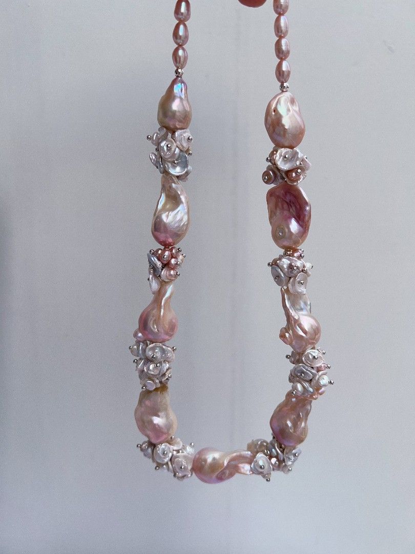 #PN1151 [Floral Series] Freshwater Pearl Necklace| 45cm| Monet Garden| Natural Flaws| Rare Golden Pink-purple Shade| Lustrous| 18-26mm Fishtail Baroque Pearl| 2-layer Petals| Old Money