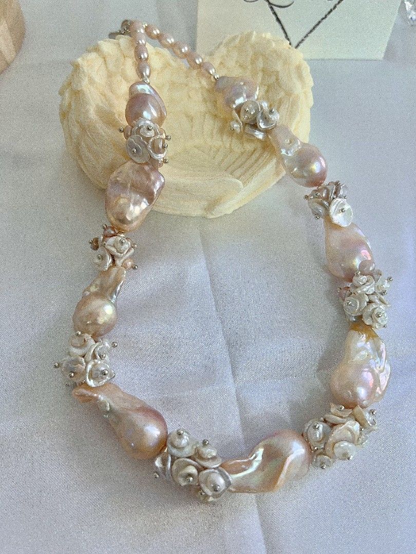 #PN1151 [Floral Series] Freshwater Pearl Necklace| 45cm| Monet Garden| Natural Flaws| Rare Golden Pink-purple Shade| Lustrous| 18-26mm Fishtail Baroque Pearl| 2-layer Petals| Old Money