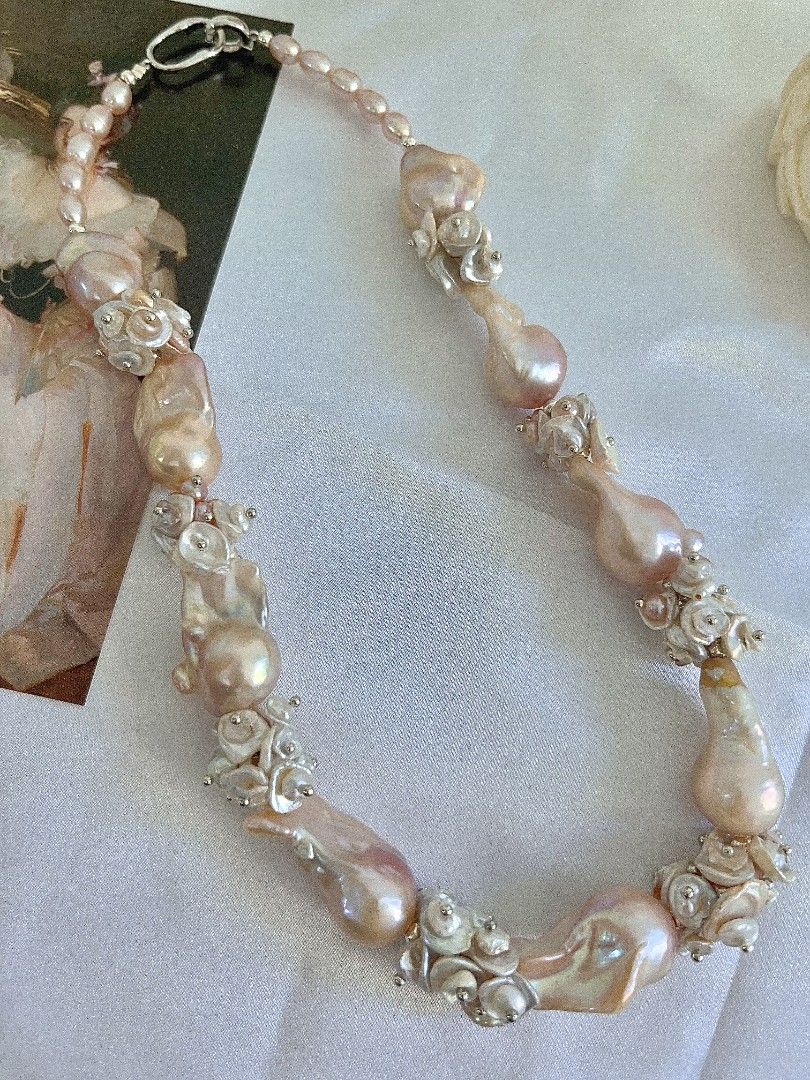 #PN1151 [Floral Series] Freshwater Pearl Necklace| 45cm| Monet Garden| Natural Flaws| Rare Golden Pink-purple Shade| Lustrous| 18-26mm Fishtail Baroque Pearl| 2-layer Petals| Old Money