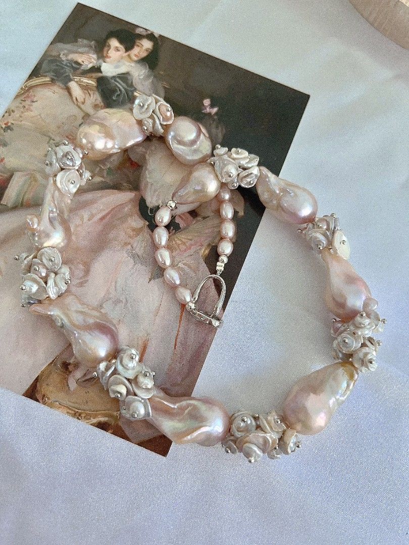#PN1151 [Floral Series] Freshwater Pearl Necklace| 45cm| Monet Garden| Natural Flaws| Rare Golden Pink-purple Shade| Lustrous| 18-26mm Fishtail Baroque Pearl| 2-layer Petals| Old Money