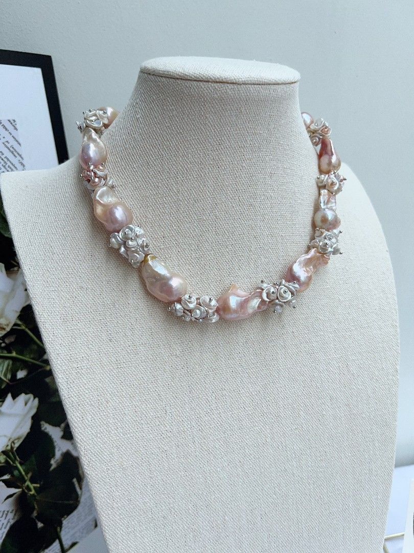 #PN1151 [Floral Series] Freshwater Pearl Necklace| 45cm| Monet Garden| Natural Flaws| Rare Golden Pink-purple Shade| Lustrous| 18-26mm Fishtail Baroque Pearl| 2-layer Petals| Old Money