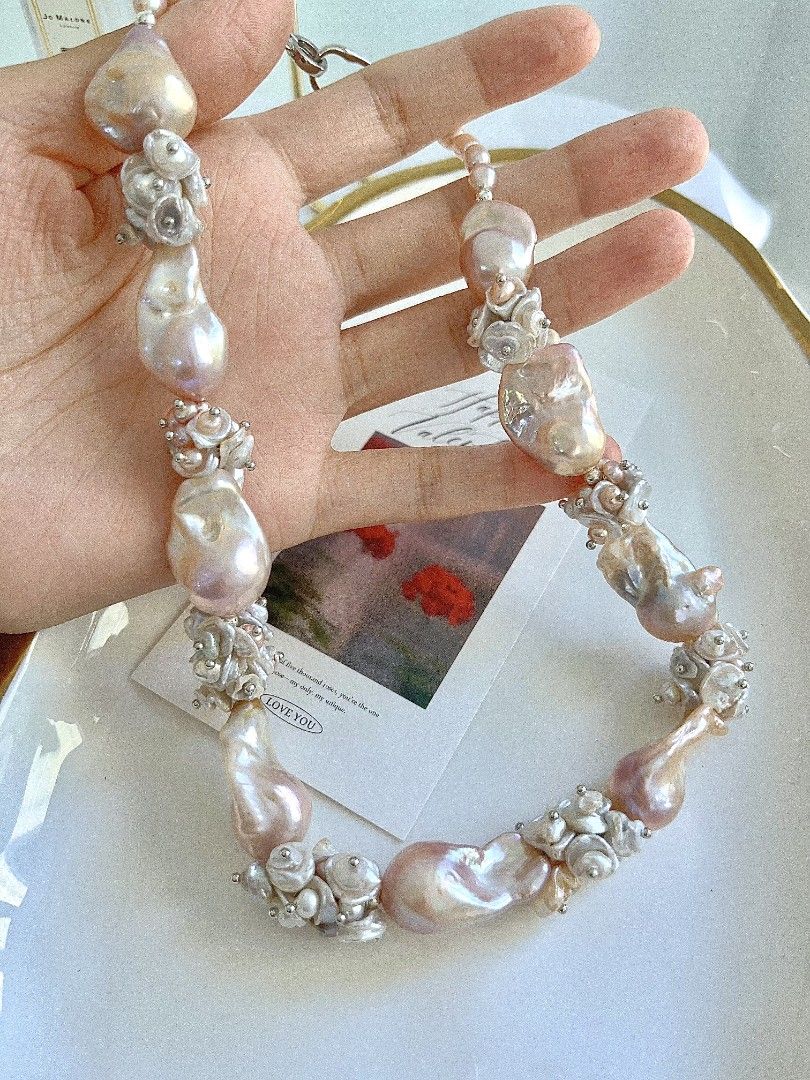 #PN1151 [Floral Series] Freshwater Pearl Necklace| 45cm| Monet Garden| Natural Flaws| Rare Golden Pink-purple Shade| Lustrous| 18-26mm Fishtail Baroque Pearl| 2-layer Petals| Old Money