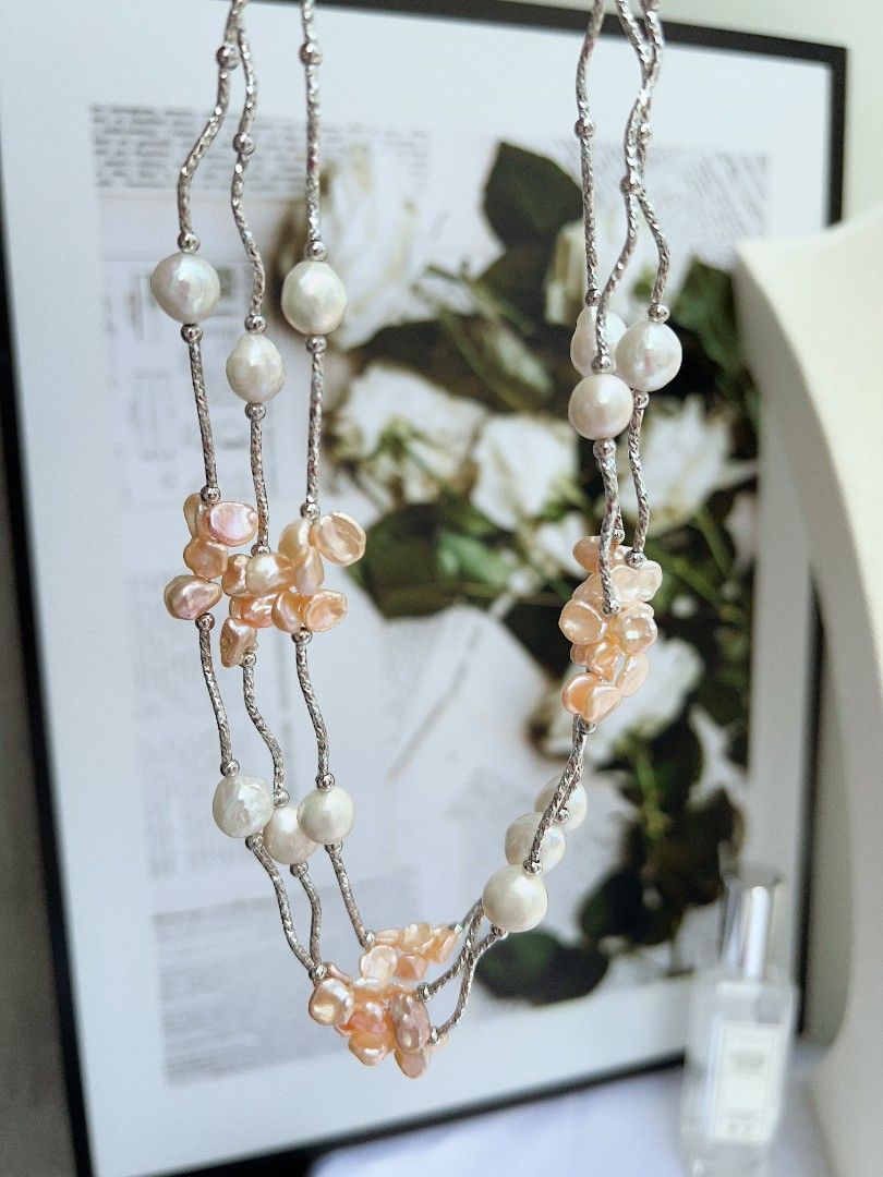 #PN1155 Freshwater Pearl Necklace| 7mm Orange 🍊 Golden Clean Petals| 9-10mm Baroque Pearl| Unique Design| Lustrous| Elegance Specialism