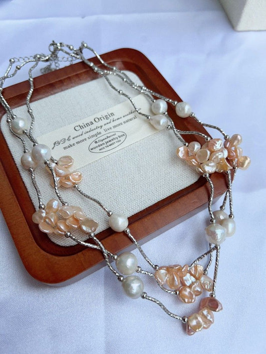 #PN1155 Freshwater Pearl Necklace| 7mm Orange 🍊 Golden Clean Petals| 9-10mm Baroque Pearl| Unique Design| Lustrous| Elegance Specialism
