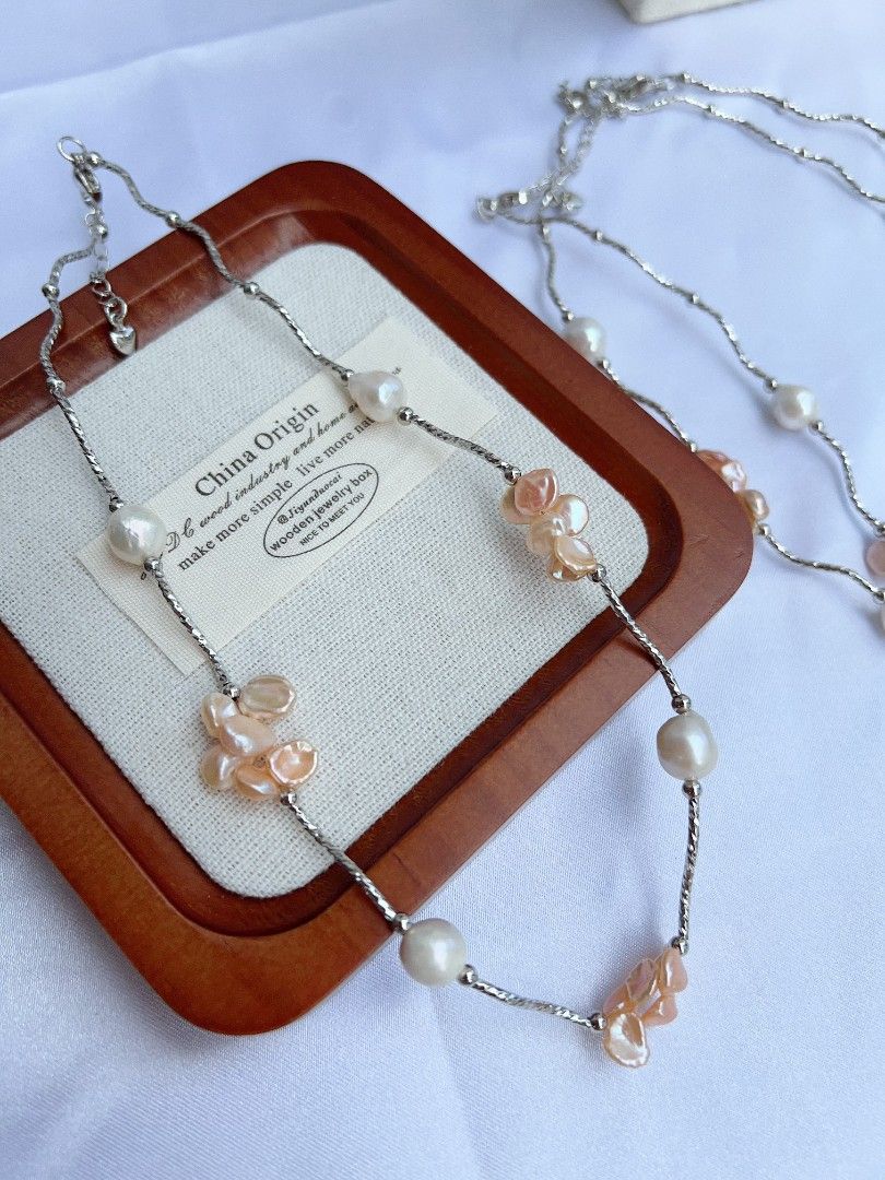 #PN1155 Freshwater Pearl Necklace| 7mm Orange 🍊 Golden Clean Petals| 9-10mm Baroque Pearl| Unique Design| Lustrous| Elegance Specialism