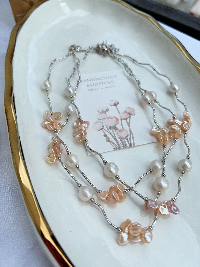 #PN1155 Freshwater Pearl Necklace| 7mm Orange 🍊 Golden Clean Petals| 9-10mm Baroque Pearl| Unique Design| Lustrous| Elegance Specialism