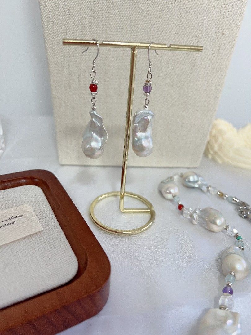 #PN1156 Freshwater Pearl Necklace & Earrings Set| Cold Silver Lustre Fishtail Baroque Pearl| Agate, Aquamarine, Amethyst| Fresh Breeze in Summer| New Design| S925 Spacers