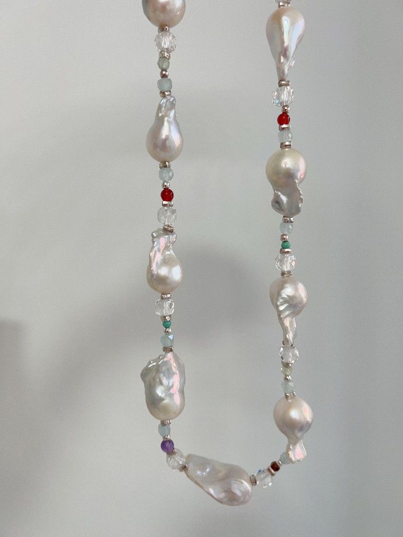 #PN1156 Freshwater Pearl Necklace & Earrings Set| Cold Silver Lustre Fishtail Baroque Pearl| Agate, Aquamarine, Amethyst| Fresh Breeze in Summer| New Design| S925 Spacers