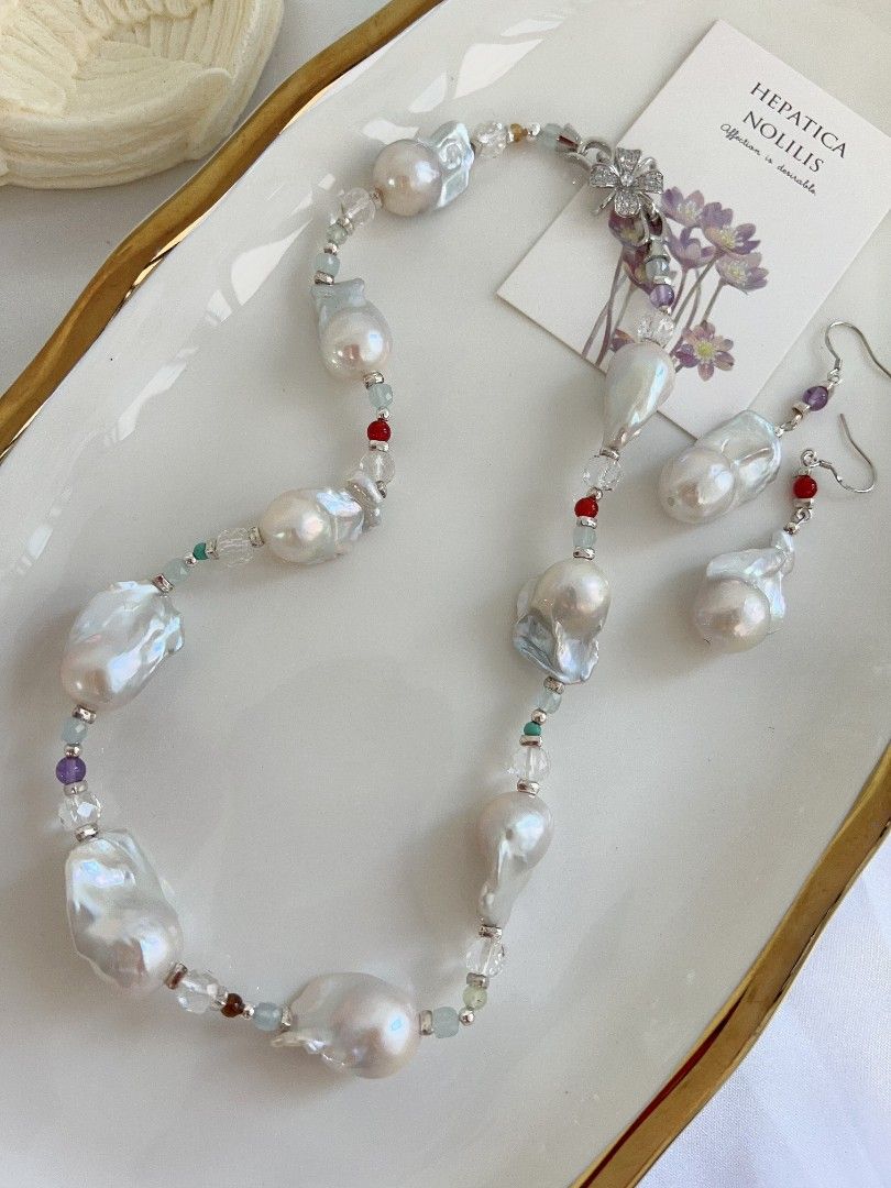 #PN1156 Freshwater Pearl Necklace & Earrings Set| Cold Silver Lustre Fishtail Baroque Pearl| Agate, Aquamarine, Amethyst| Fresh Breeze in Summer| New Design| S925 Spacers