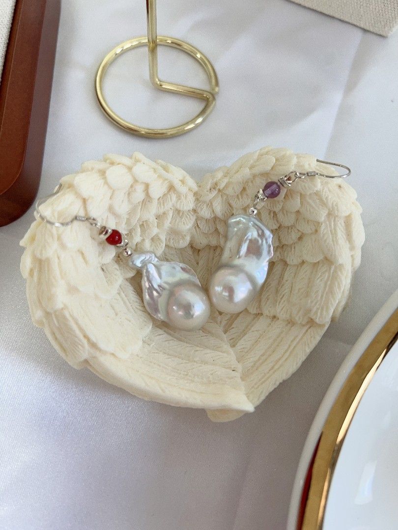 #PN1156 Freshwater Pearl Necklace & Earrings Set| Cold Silver Lustre Fishtail Baroque Pearl| Agate, Aquamarine, Amethyst| Fresh Breeze in Summer| New Design| S925 Spacers