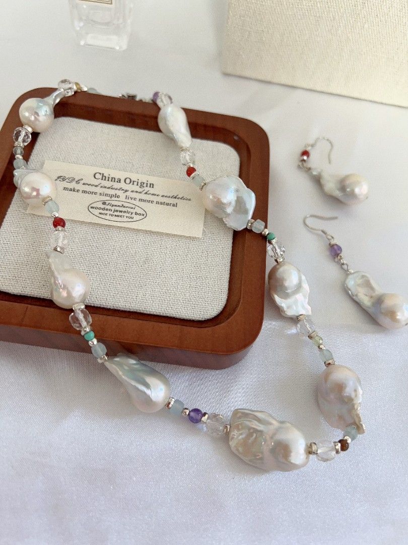 #PN1156 Freshwater Pearl Necklace & Earrings Set| Cold Silver Lustre Fishtail Baroque Pearl| Agate, Aquamarine, Amethyst| Fresh Breeze in Summer| New Design| S925 Spacers