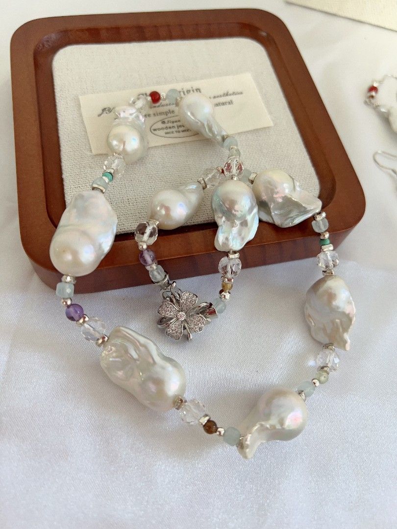 #PN1156 Freshwater Pearl Necklace & Earrings Set| Cold Silver Lustre Fishtail Baroque Pearl| Agate, Aquamarine, Amethyst| Fresh Breeze in Summer| New Design| S925 Spacers
