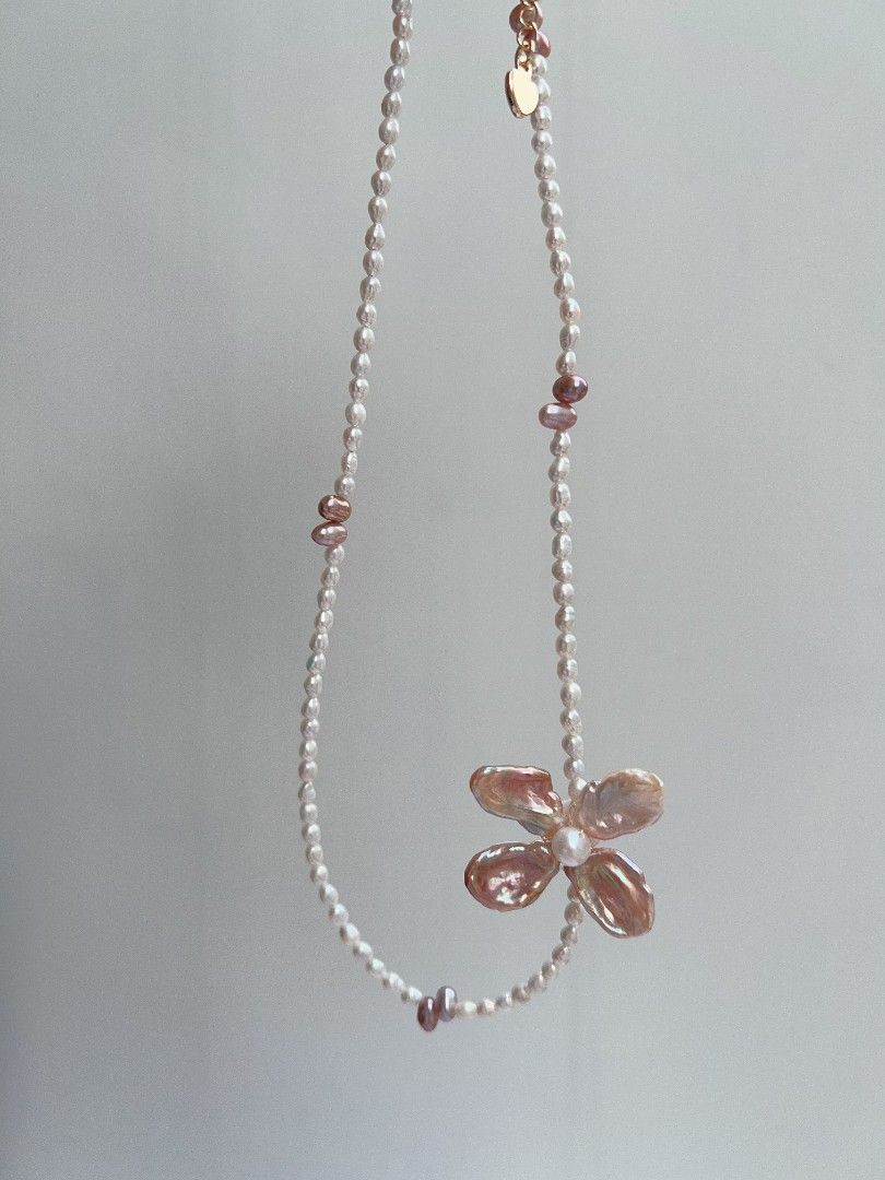 #PN1158 Freshwater Pearl Necklace| Four-petal Flower| Pink Purple Lustrous| OOAK| Young & Fresh