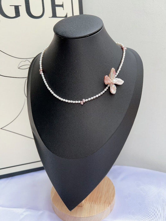 #PN1158 Freshwater Pearl Necklace| Four-petal Flower| Pink Purple Lustrous| OOAK| Young & Fresh