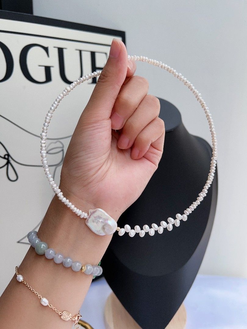 #PN1159 Freshwater Pearl Necklace| Choker Collar| Fishtail Baroque Pearl & Wheat Ear Design| Lustrous| OOAK| Dainty & Elegant