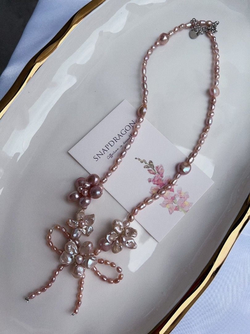 #PN1161 Freshwater Pearl Necklace| Pink Four Flowers 🌸| Ribbon 🎀 Design| Excellent Lustre|Perfect for Gift 💐