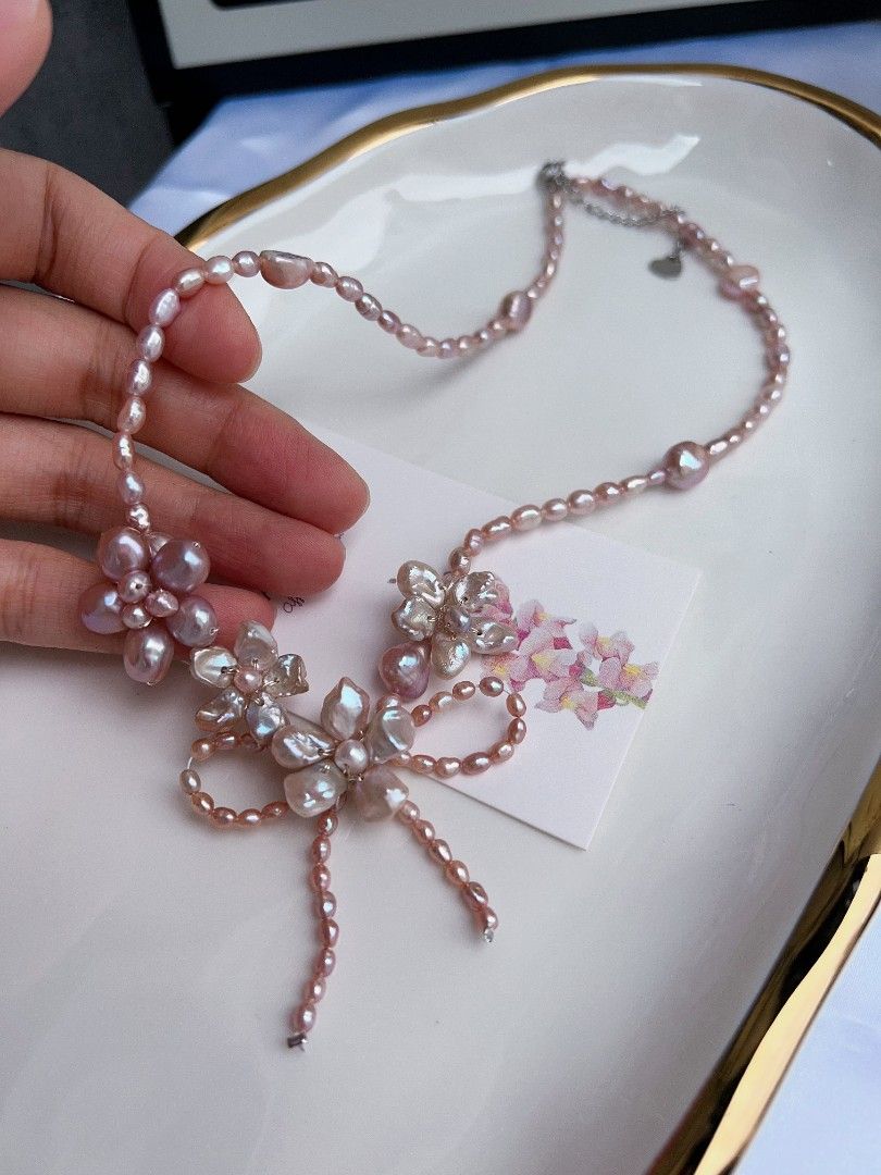 #PN1161 Freshwater Pearl Necklace| Pink Four Flowers 🌸| Ribbon 🎀 Design| Excellent Lustre|Perfect for Gift 💐