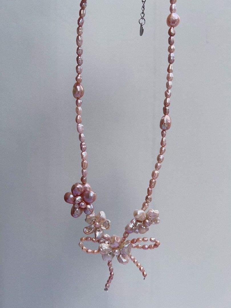 #PN1161 Freshwater Pearl Necklace| Pink Four Flowers 🌸| Ribbon 🎀 Design| Excellent Lustre|Perfect for Gift 💐
