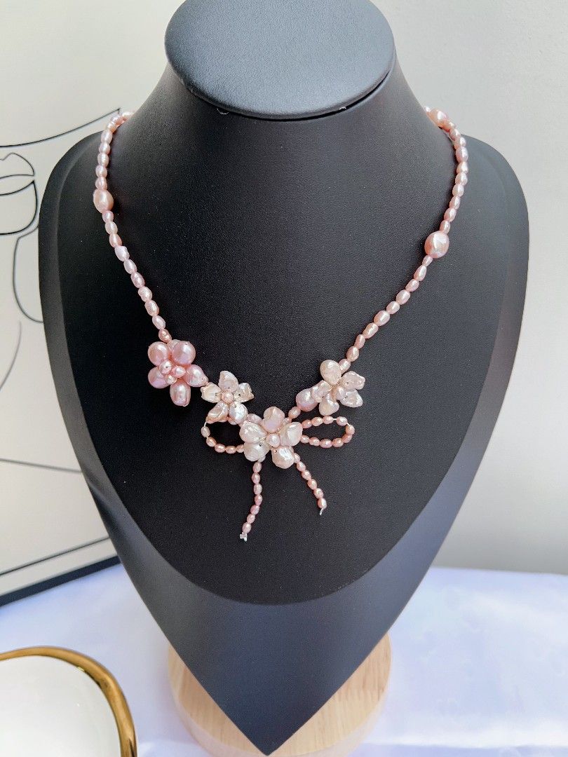 #PN1161 Freshwater Pearl Necklace| Pink Four Flowers 🌸| Ribbon 🎀 Design| Excellent Lustre|Perfect for Gift 💐