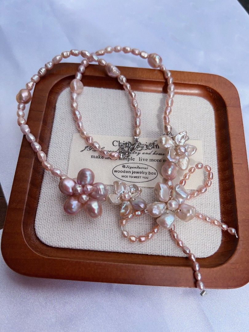 #PN1161 Freshwater Pearl Necklace| Pink Four Flowers 🌸| Ribbon 🎀 Design| Excellent Lustre|Perfect for Gift 💐