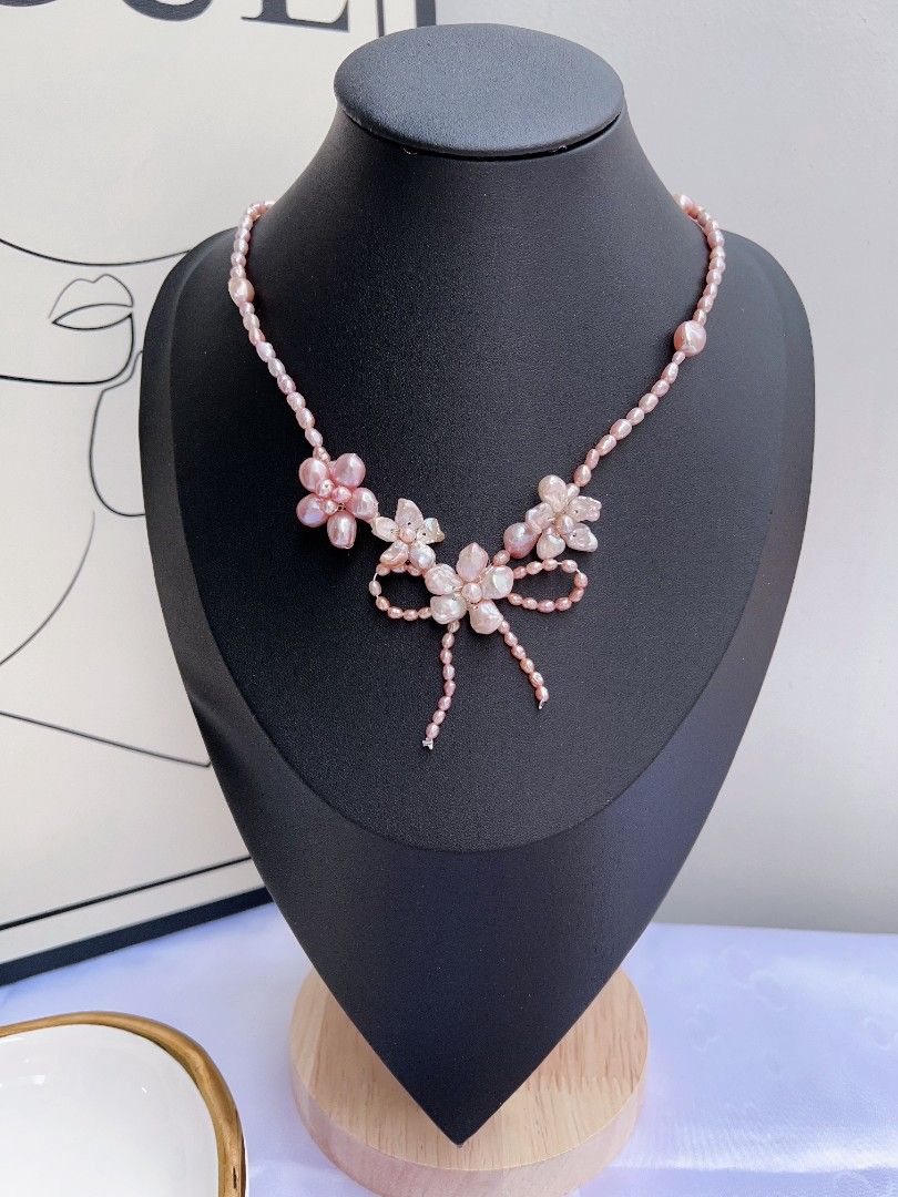 #PN1161 Freshwater Pearl Necklace| Pink Four Flowers 🌸| Ribbon 🎀 Design| Excellent Lustre|Perfect for Gift 💐