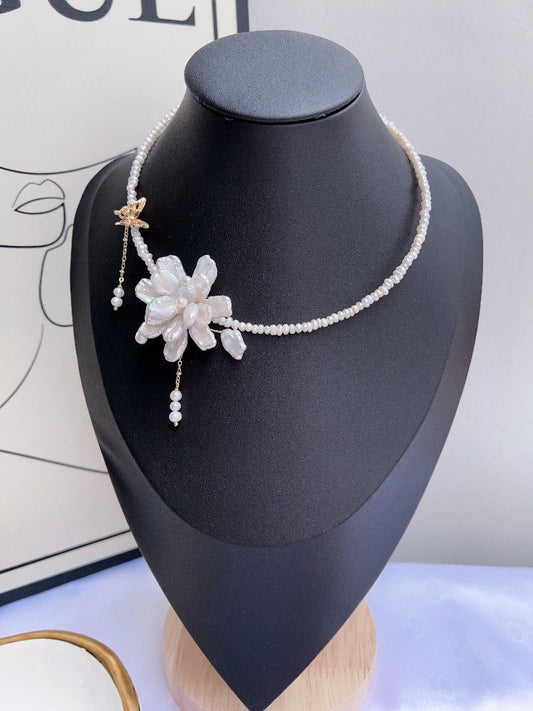 #PN1162 Freshwater Pearl Necklace| Collar|2-layer Petal Flower| Cold Blue Silver Lustre| Dangling|Retro| Niche| Temperament| Light Luxury| OOAK