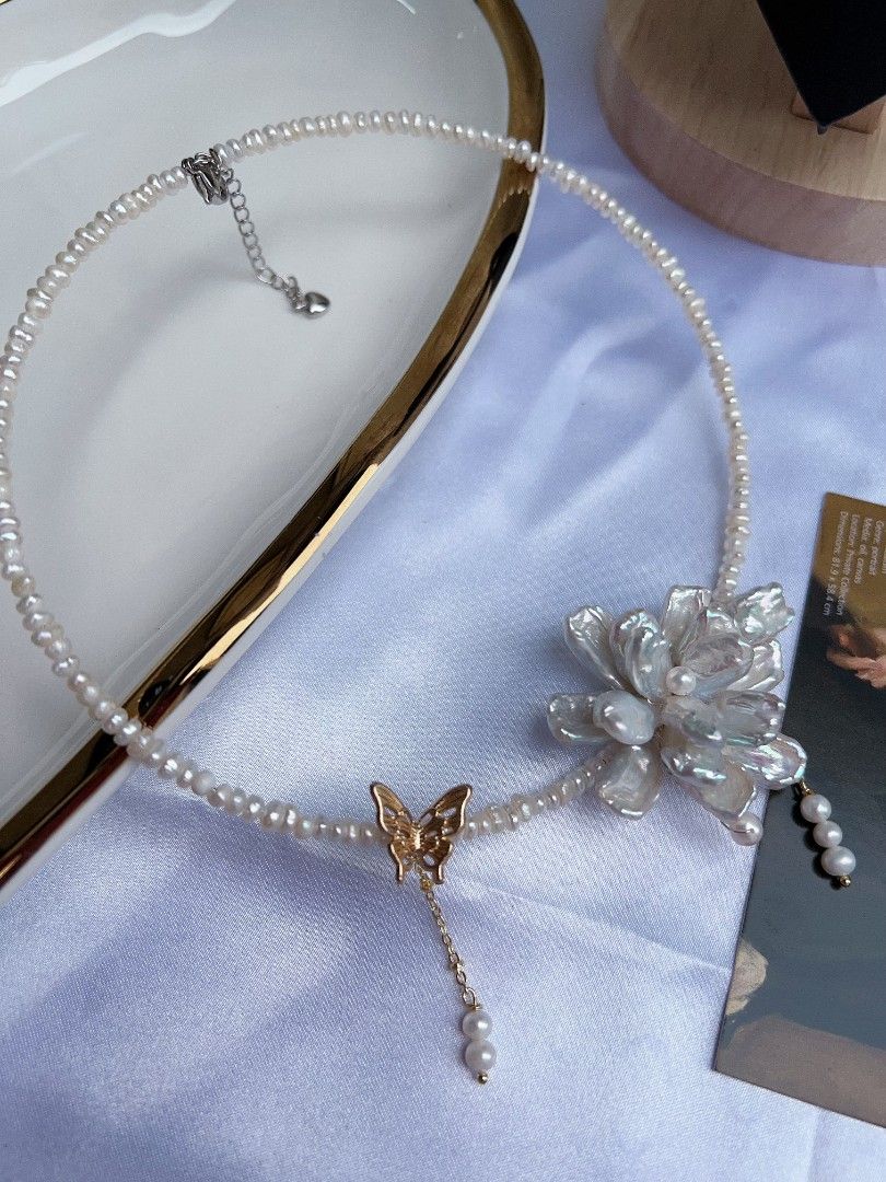 #PN1162 Freshwater Pearl Necklace| Collar|2-layer Petal Flower| Cold Blue Silver Lustre| Dangling|Retro| Niche| Temperament| Light Luxury| OOAK