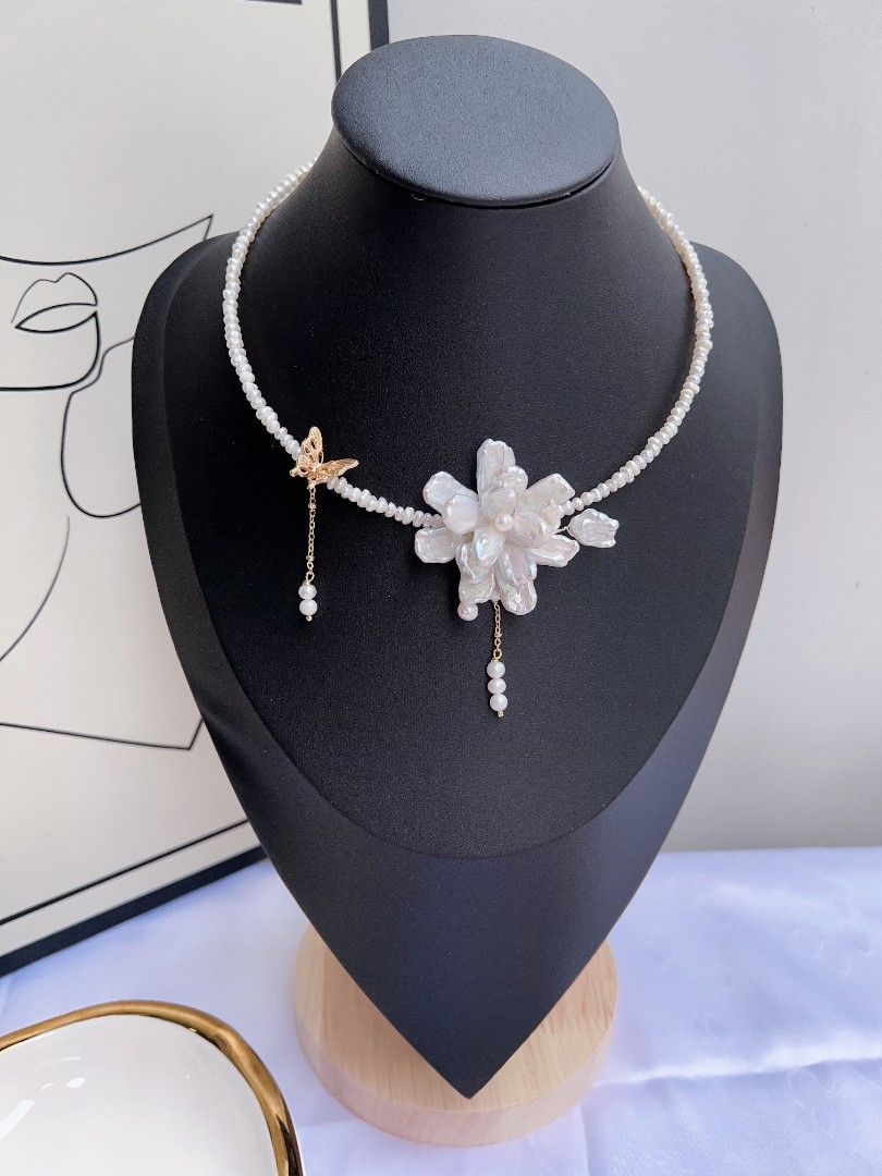 #PN1162 Freshwater Pearl Necklace| Collar|2-layer Petal Flower| Cold Blue Silver Lustre| Dangling|Retro| Niche| Temperament| Light Luxury| OOAK